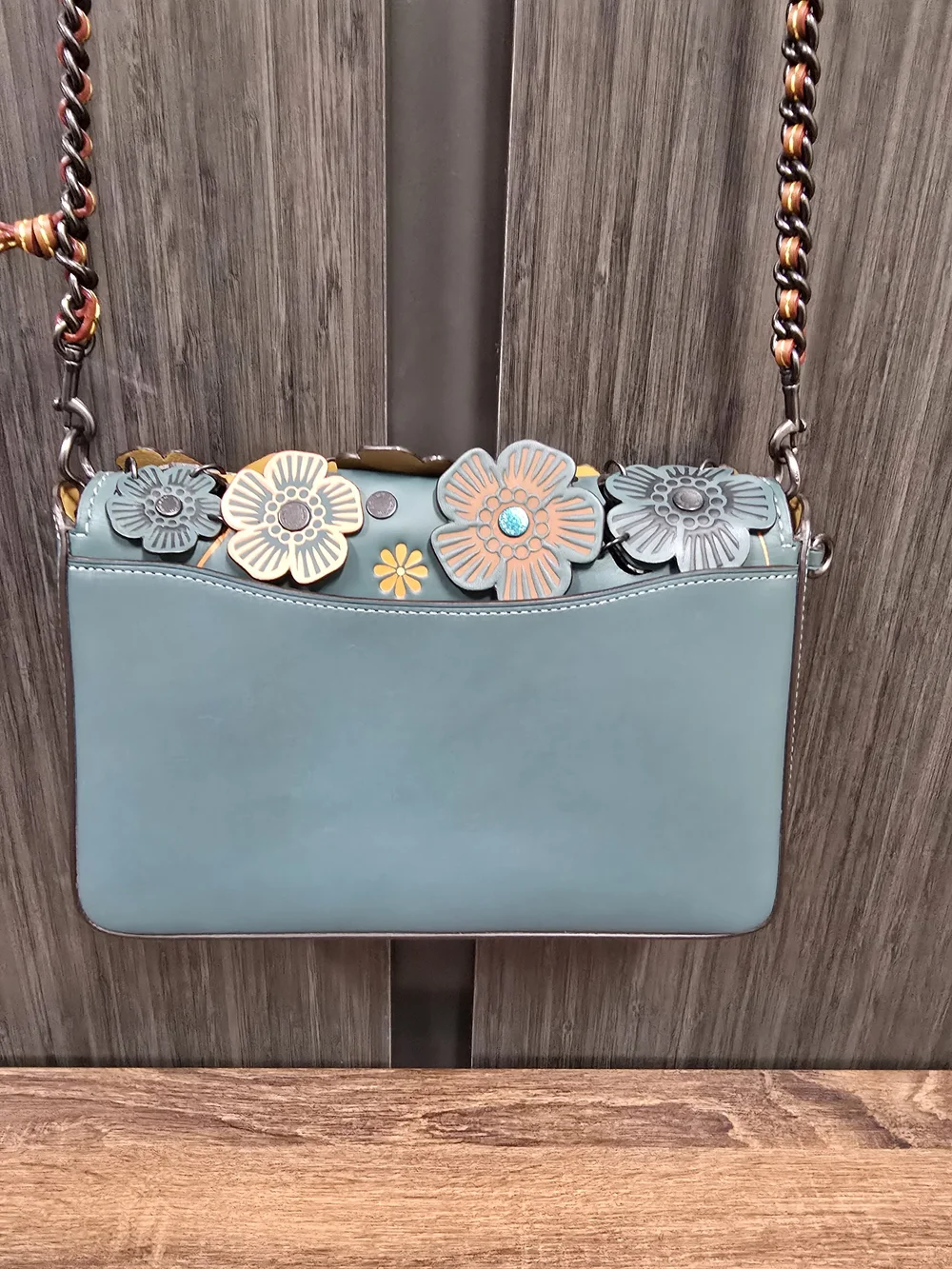 Coach Tea Rose Parker 18 Shoulder Bag Blue Floral Applique Glovetanned Leather